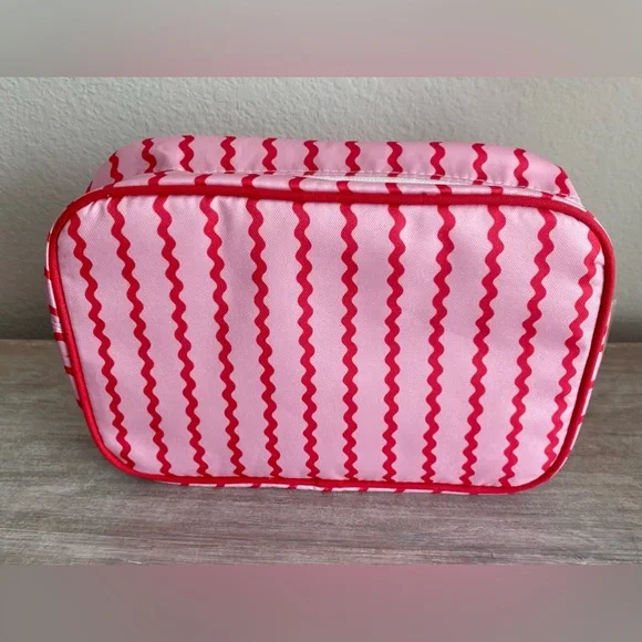 Pink Red Squiggly-Striped Boutique Fabric Zip Cosmetic Bag Tote Makeup Organizer - Picture 6 of 6
